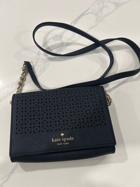 kate spade Navy Perforated Leather Crossbody with Gold Chain